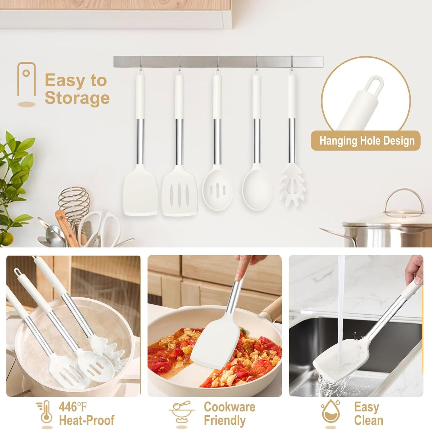 TeamFar Cooking Utensils Set, 5 Pcs Silicone Kitchen Utensils with Stainless Steel Handle, for Nonstick Cookware Flipping Frying Turning Draining, Heatproof & Healthy, Healthy & Easy Clean, White
