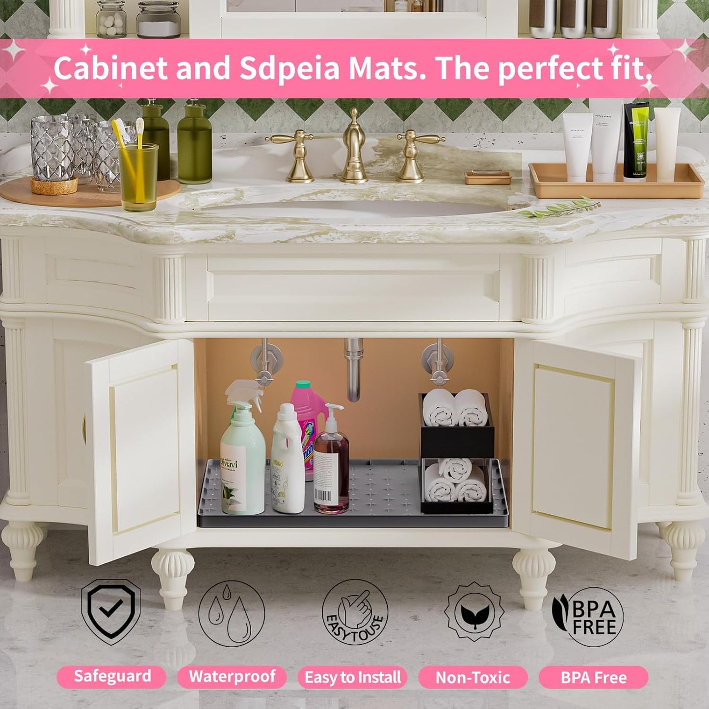 Sdpeia Under Sink Mat 22"×22" – Waterproof Silicone Cabinet Liner & Sink Protector for Kitchen & Bathroom, Multi-Purpose Organizers Tray for Pets, Laundry, Cat Litter Mat,Gray