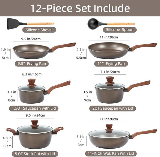 12Pcs Pots and Pans Set, Nonstick Cookware Sets, Non Stick Pots and Pan Set with Frying Pans, Saucepans, Steamer Silicone Shovel Spoon