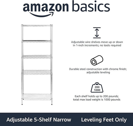 Amazon Basics 5-Shelf Adjustable, Storage Shelving Unit, (200 Pound Loading Capacity per Shelf), Steel Organizer Wire Rack, 23.2 x 13.4 x 60 inches (LxWxH), Chrome