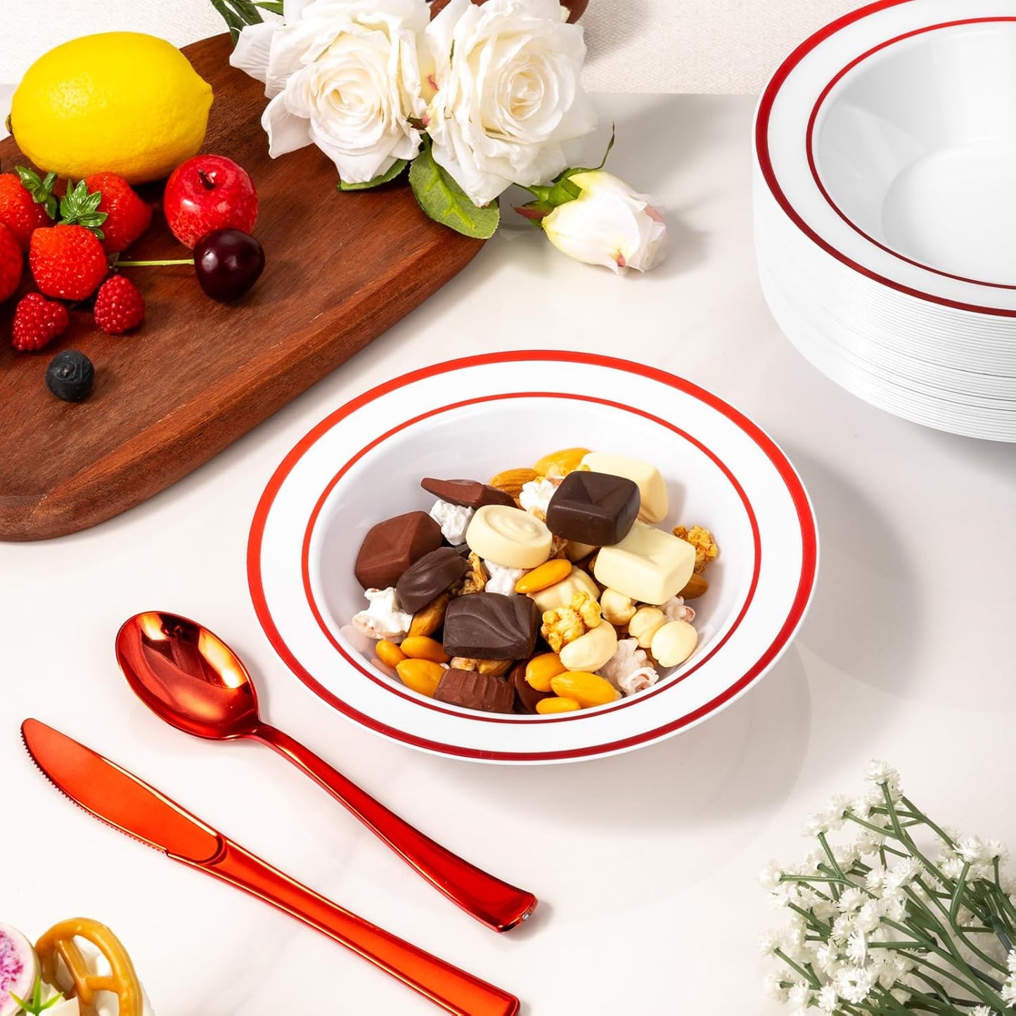 Goodluck 50 Pack Plastic Bowls with Red Rim, 12oz Disposable Soup Bowls, Heavy Duty Dessert Bowls for Weddings, Parties, Christmas Dinners, Catering, Thanksgiving and Everyday Use