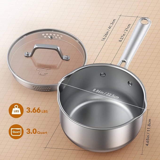 PekGema Stainless Steel Saucepan 3 Quart with Glass Strainer Lid, Thicken Tri-ply Full Sauce Pot, Two Side Spouts for Easy Pour, Dishwasher Safe, Induction Ready, Compatible with All Cooktops