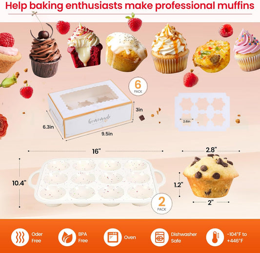 Silicone Muffin Pans for Baking with Metal Reinforced Frame 2 Pack with 6 Pack cupcake boxes(6 count), Nonstick Silicone Cupcake Pan for Baking Homemade Muffins, Dishwasher Safe BPA Free