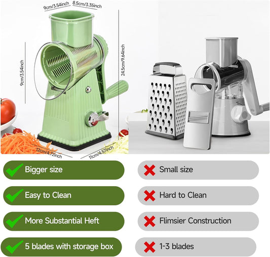 Xilrvna RotaryCheeseGrater,VegetableShredder 5 in 1 Cheese GraterwithHandleedderReinforcedSuction,EasytoClean,KitchenChopperforCrushedIce,Fruits and Nuts with Blade StorageCase(light green)