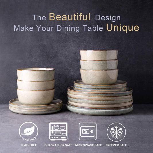 AmorArc Stoneware Dinnerware Sets for 4,Round Reactive Glaze Ceramics Plates and Bowls Set,Highly Scratch Resistant Dishware | Dishwasher & Microwave Safe Dishes Set,Service for 4 (12pc)