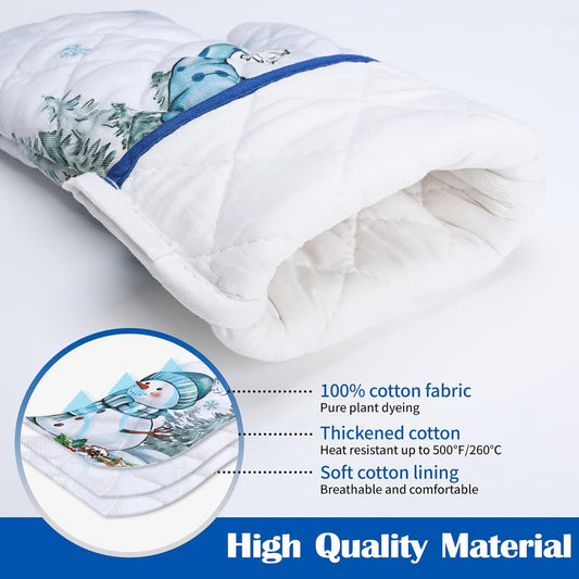 Winter Gnome Oven Mitts and Pot Holders Sets 2Pcs, 100% Cotton Heat Resistant, Extra Long Oven Gloves Potholder for Kitchen Cooking Baking Decoration