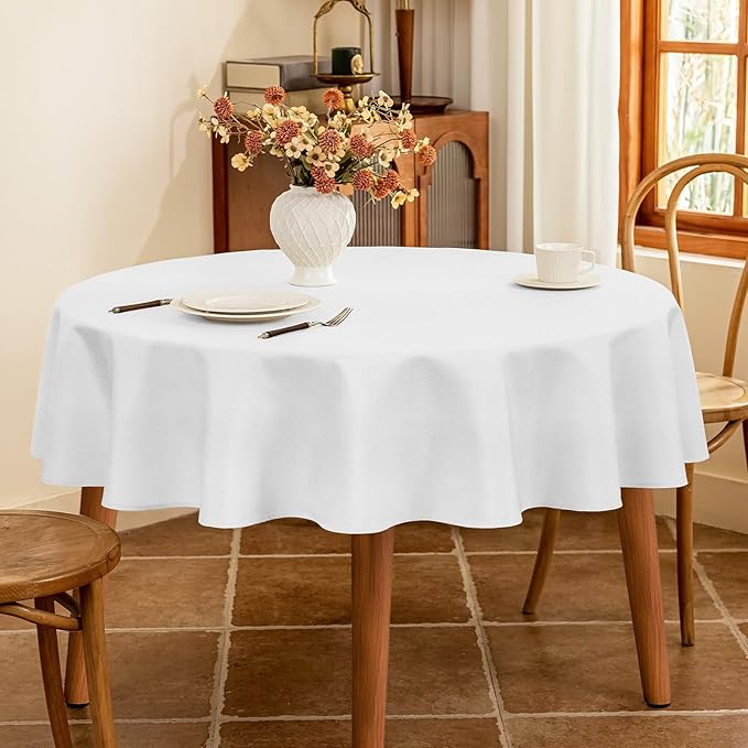 Fabric 60 Inch White Round Table Cloth, Faux Linen Textured Water Resistant & Wipeable Circle Tablecloth, Reusable for Dinning Kitchen Wedding