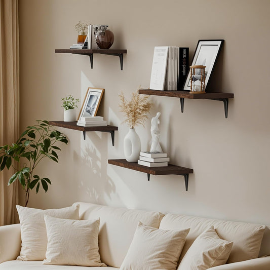 SKYSEN Floating Shelves for Wall Set of 6, 15.7in Wood Wall Shelf for Decor, Bathroom, Bedroom, Storage, Book,Kitchen, Living Room - Dark Brown(fs-40-d)