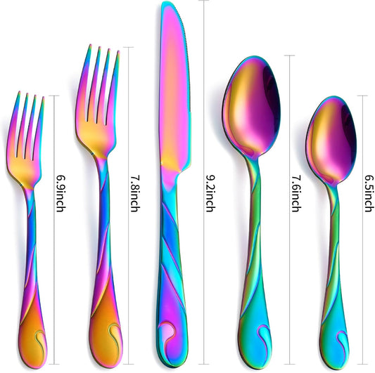 Rainbow Silverware Set for 8, 40-Piece Stainless Steel Flatware Set, Shiny Rainbow Metal Cutlery Set, Include Fork, Knife and Spoon Set, Dishwasher Safe
