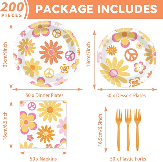 ZOIIWA 200 PCS Groovy Birthday Tableware Disposable Hippie Daisy Flower Plates Napkins Party Supplies 60s 70s Two Retro Boho Dinnerware Set Hippie Party Baby Shower Decoration Serve 50 guest