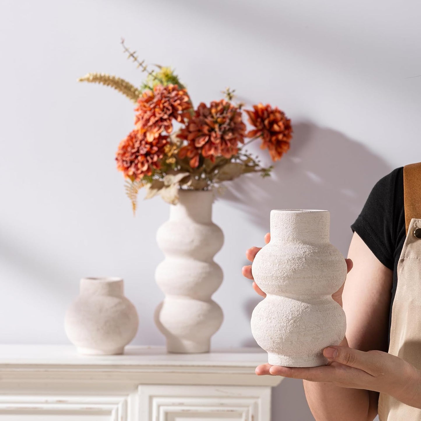 Ceramic Vase Home Table Decor - White Flower Vase Set of 3 Living Room Kitchen Decorations Farmhouse Modern Rustic Vases Decorative Centerpiece for Shelf Bedroom Office Bathroom Dining Coffee Desk