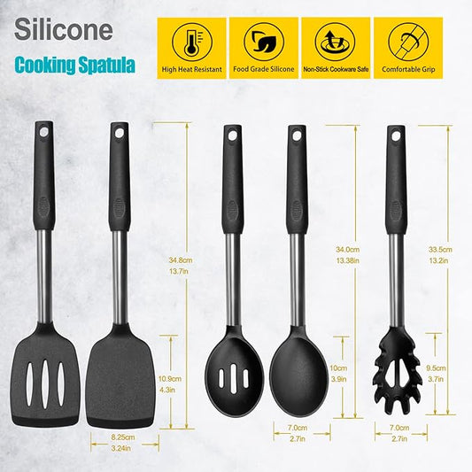 Silicone Spatula and Cooking Spoon,5 Pack Non-Stick Cooking Utensils for Kitchen,Heat Resistant Solid & Slotted Spoons and Spatulas, Stainless Steel Handle Coated with Silicone,Black