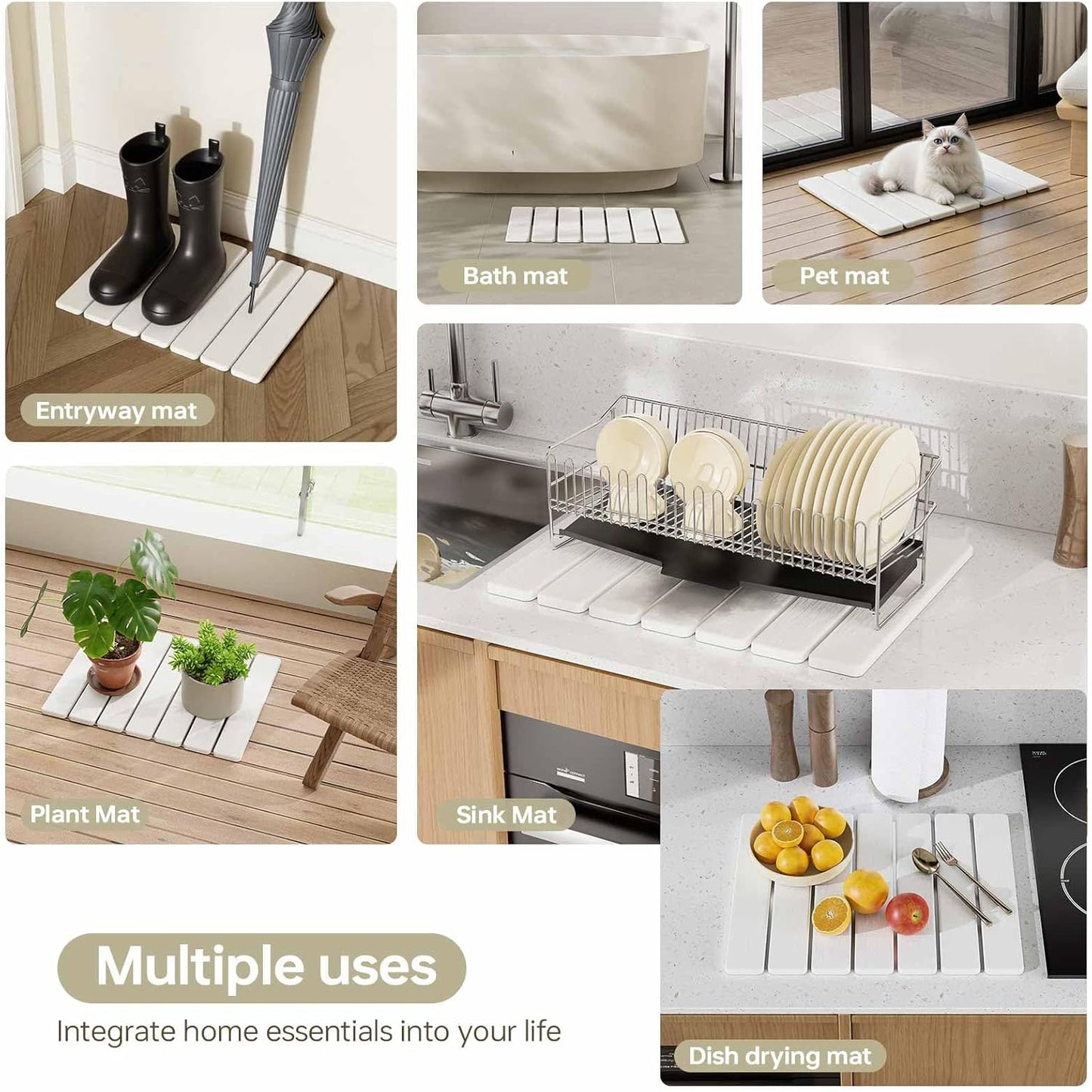 5 PCS 16" x 12" Stone Dish Drying Mat for Kitchen Counter, Quick Dry Stone Mat Diatomaceous Earth, Super Absorbent Drying rack for Dishes, Cups in Kitchen and Bathroom, Fits Any Countertop