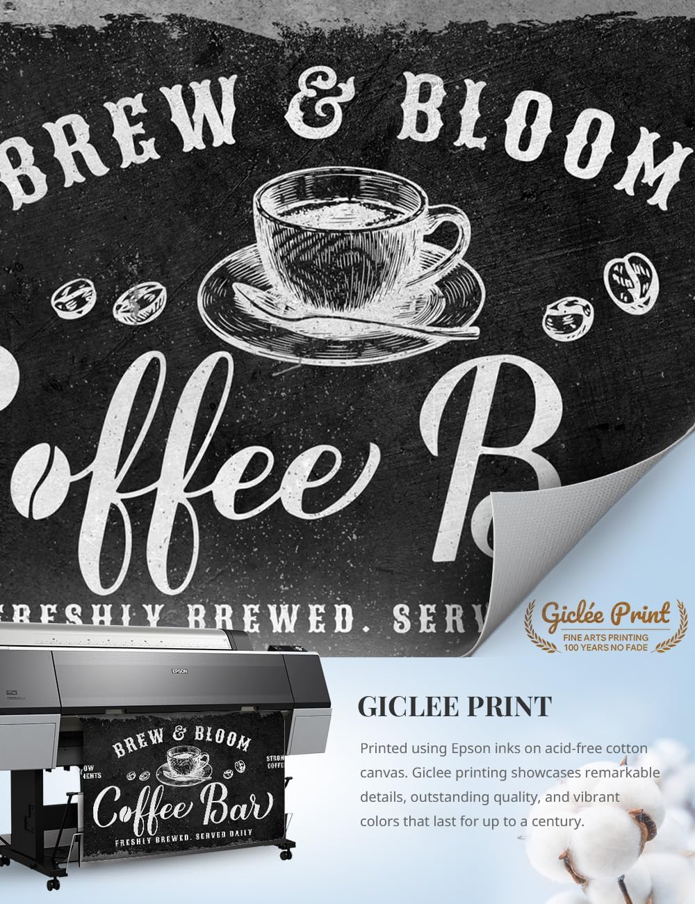 IPIC - Rustic Coffee Bar Sign Brew and Bloom, Canvas Print Wall Art for Coffee Station, Rustic Industrial Style Wall Decor for Home Kitchen and Cafe