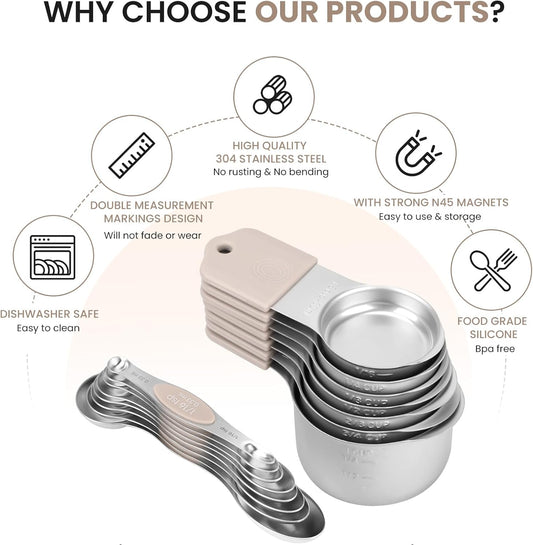 Magnetic Measuring Cups and Spoons Set-Heavy Duty 304 Stainless Steel,Double Measurement Markings,Set of 16 with Leveler for Measure Dry and Liquid Ingredients (khaki)