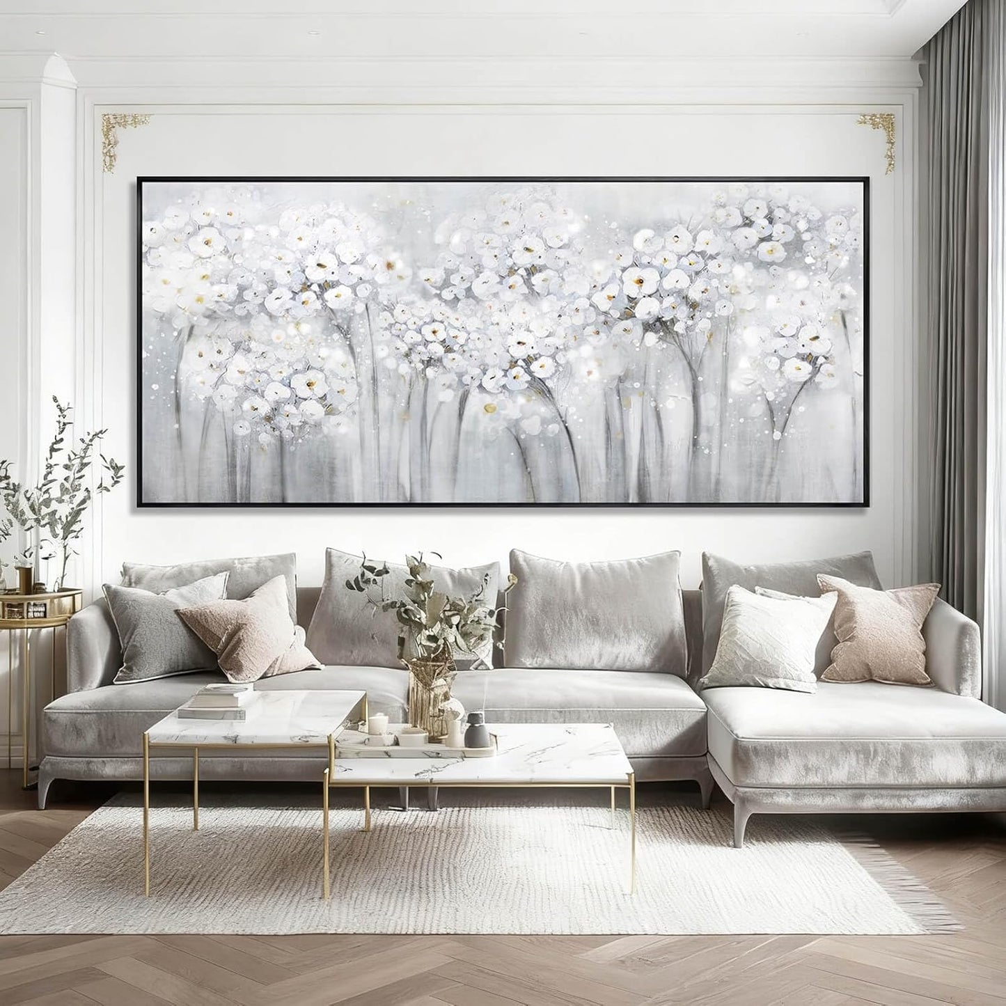 Flower Wood Wall Decor White Wall Art Textured Canvas Painting 32"x70" Decorative Pictures for Bedroom Kitchen Large Artwork
