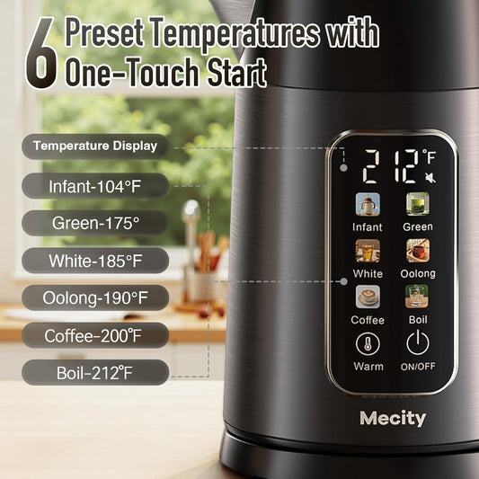 Mecity Electric Kettle 1.7L Touch Screen Temperature Control Water Boiler, No Plastic Contact with Water. 6 Preset Temperature Programs, 2 Hours Keep Warm, Dark Grey