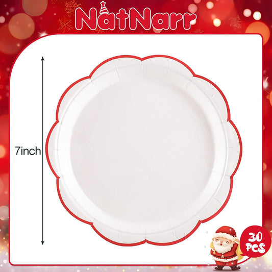 30 Pcs Christmas Paper Plates, 7 Inch White Plates with Red Trim Cute White Scalloped Paper Plate Disposable for Christmas, Baby Shower, Wedding, Bridal Shower