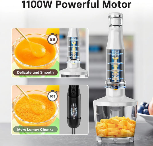 Immersion Blender Handheld Corded Hand Blenders Set 1100W, Trigger Variable Speed 5 in 1 Stick Emulsifier with Chopper, Whisk and Frother for Soup, Baby Food and Smoothies, White