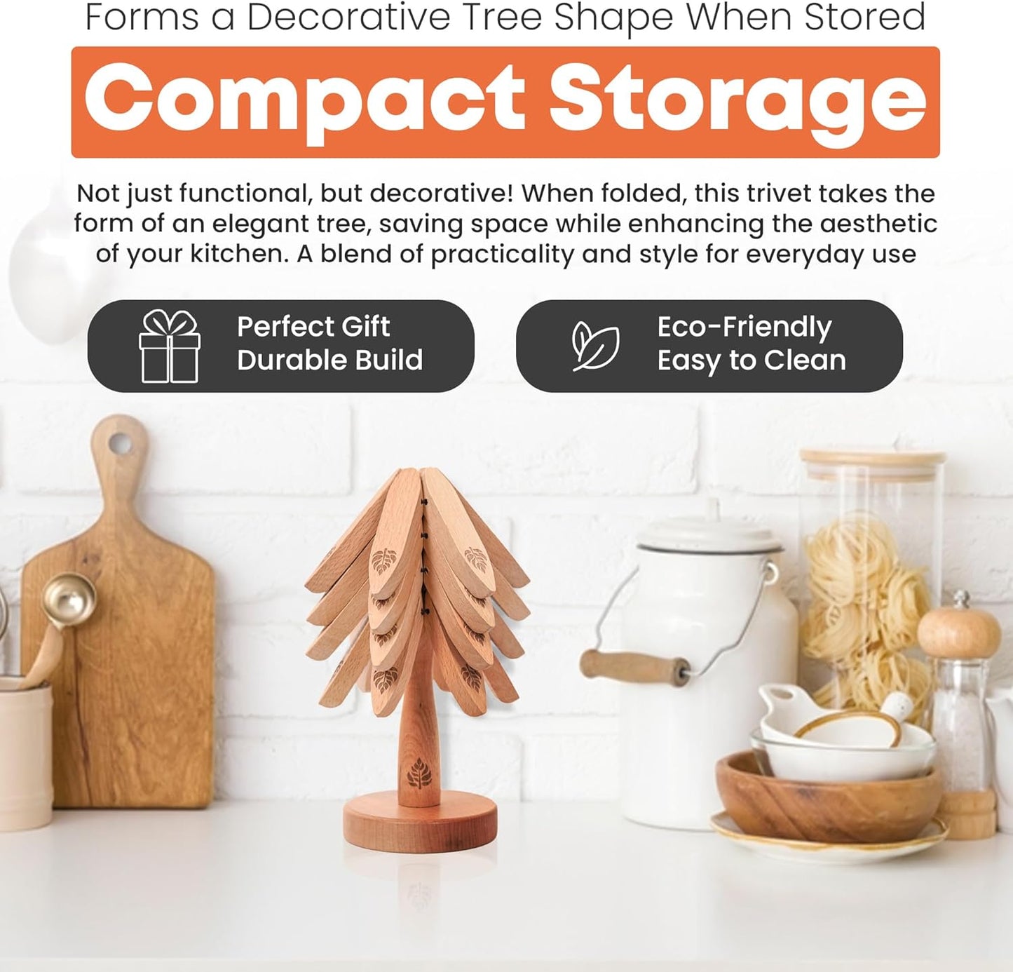 Expandable Wooden Trivets & Coaster Set for Hot Dishes Tree-Shaped Trivet Set β 4 Expanding Trivets + 1 Stand β Heat-Resistant Kitchen Decor for Pots, Bowls, Coffee & Teapots (Beech Wood)