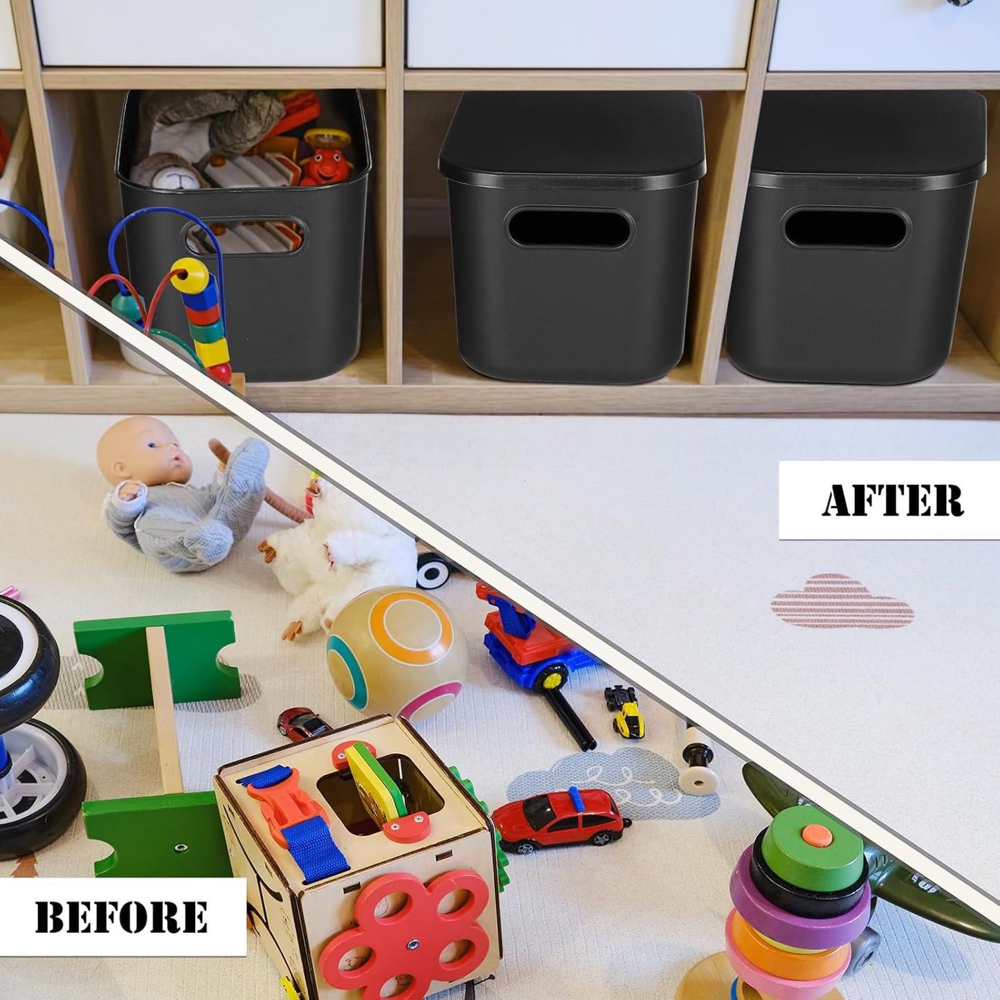 Hoolerry 8 Pieces Colorful Storage Bins with Lid, Plastic Storage Basket Organizing Container Stackable Box with Handle for Shelves Desktop Playroom Office(9.8 x 7.1 x 6.3 Inch,Black)