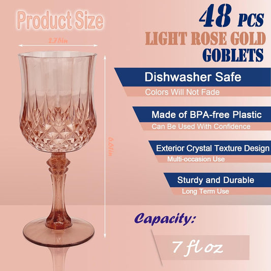48 PCS Rose Gold Plastic Wine Glasses,Cordial Glasses,Goblets,Can be Used for Weddings, Everyday Fun Parties and More!
