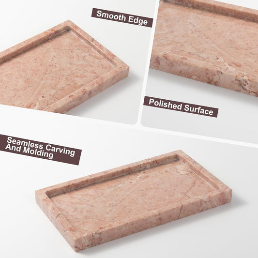 Natural Marble Rectangular Tray 10x6 Inch - Cream Rose Vanity Organizer for Bathroom, Coffee Table & Kitchen - Weighted Base