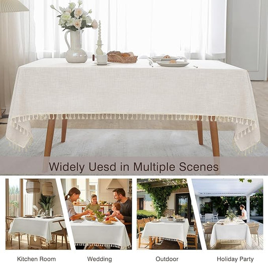 JIALE Textured Tablecloths, Heavy Duty Cotton Linen Farmhouse Table Cloth Rectangle Table, Waterproof Wrinkle-Free Rectangle Tablecloth for Kitchen, Dining, Parties, 55"x90", Ivory