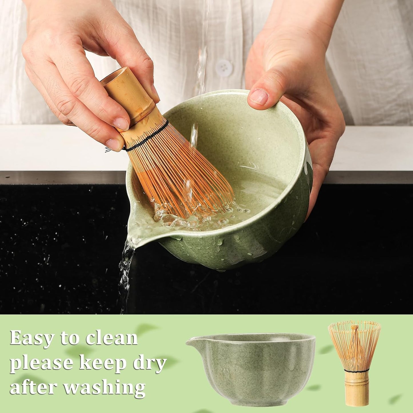 Matcha Whisk Set, 7-Pack Mottled Green Matcha Set - Include Petal Matcha Bowl with Spout, Bamboo Whisk, Chasen Holder, Sifter, Scoop, Tea Towel, Scoop Rest - Perfect Matcha Making Kit for Tea Lover