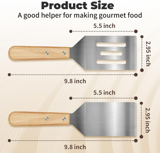 2 Pieces Stainless Steel Spatula Set,Metal Spatula for Cast Iron Skillet,Metal Spatula for Cooking with Wooden Handle,Metal Spatulas for kitchen use for Pancakes,Frying steak,Burger and Desserts