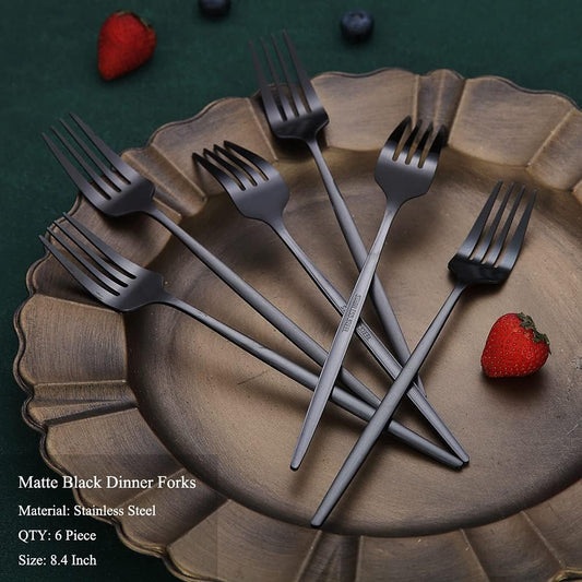 Matt Black 6 Piece Dinner Forks, 8.4'' Stainless Steel Silverware Set, Dessert, Salad, Table Forks for Home, Kitchen or Restaurant, Dishwasher Safe