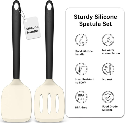 Coukre 2 Pack Silicone Spatula Set, High Heat Resistant, BPA Free Kitchen Spatula, Solid & Slotted Turner for Non-Stick Pans, Sautéing, and Flipping (2, Beige)