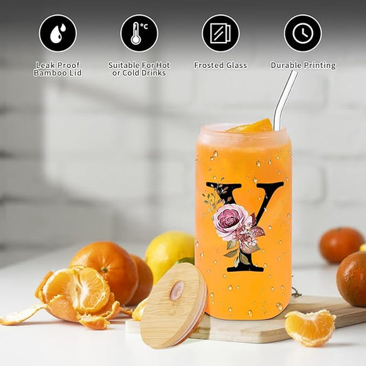 Monogrammed Glass Drinking Cup With Lid Straw Women Men Teacher Gifts Female Male Best New Appreciation Thank you Favorite Good Goodbye Retirement Friends Social Student Bestie,Y