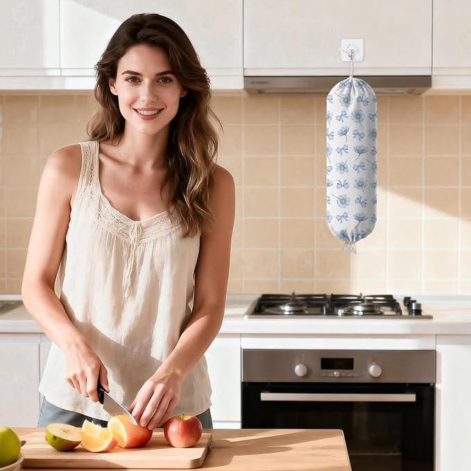 Plastic Bag Holder Dispenser, Plastic Grocery Bag Organizer & Wall Mount Paper Trash Bags Saver Storage for Kitchen Home Pantry Decor - Blue Floral Shopping Bags Storage Dispenser