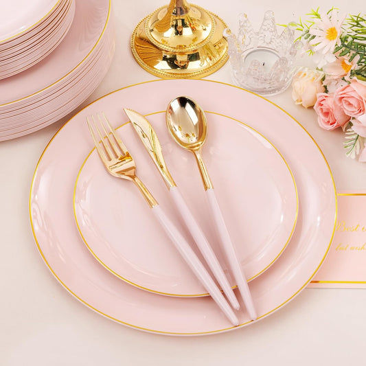 DaYammi 150Pcs Pink and Gold Plastic Plates Heavy Duty Gold Rimmed Plates Pink Plastic Disposable Plate Included 30 Dinner plates,30 Dessert plate,30 Knives,30 Forks,30 Spoons for Wedding Party