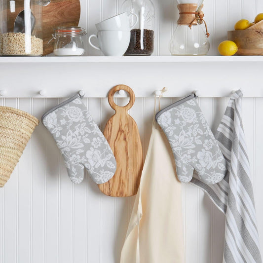 Martha Stewart Floral Vine Oven Mitt 2-Pack Set, Grey, 7"x13"