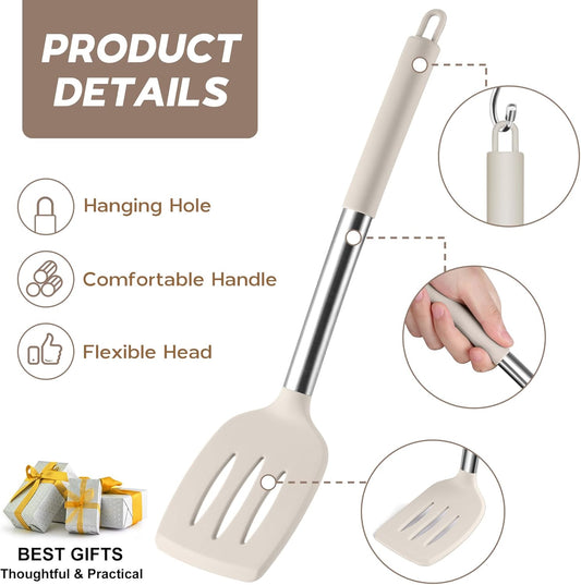 Onader Silicone Cooking Utensils Set of 15, Kitchen Utensils Set with Holder for Nonstick Cookware, 446°F Heat Resistant Stainless Steel Handle - Khaki