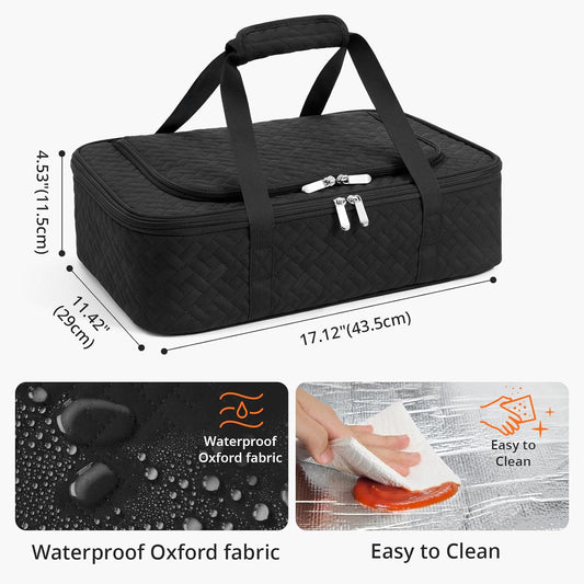 Insulated Casserole Carrier - Portable Casserole Carrier for Hot or Cold Food, Lasagna Holder for Parties,Picnic,Cookouts,Traveling - Fits 9" x 13" Baking Dish (Black)