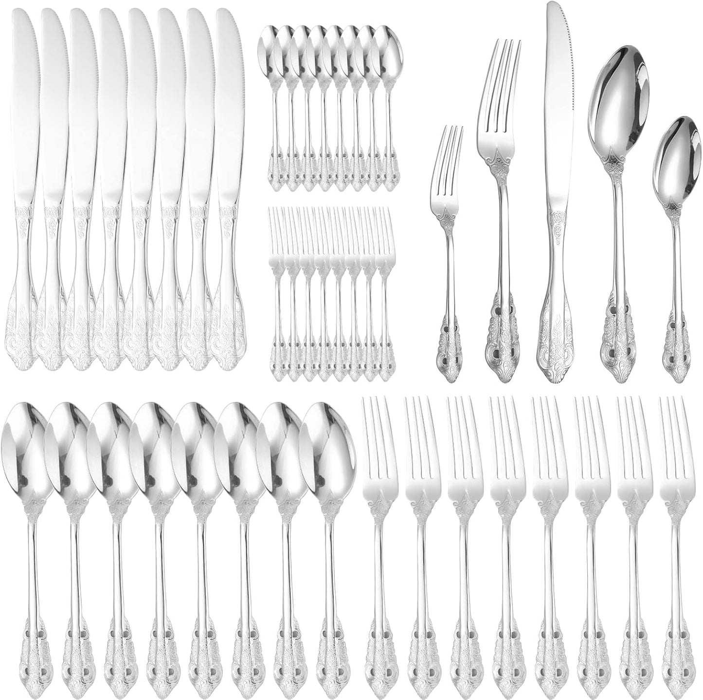 Antique Silverware Set for 8 Silvery Royal Flatware Stainless Steel 40 Pieces Eating Utensils Vintage Fork Knife Spoon Luxury Home Kitchen Restaurant Festival Parties