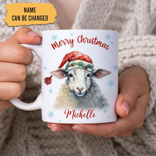 Hyturtle Personalized Gifts Lamb Lover - Lamb Wearing Santa Hat Custom Name Ceramic Coffee Mug Cup 11oz - Cute Animal Lovers Gifts For Women, Girl kids Family On Birthday, Christmas