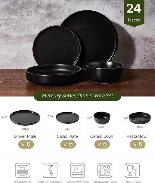 Famiware Mercury Dinnerware Sets with Pasta Bowls, Service for 6 (24 Pieces), Stoneware Plates and Bowls Sets, Microwave and Dishwasher Safe Dishes Set, Matte Black