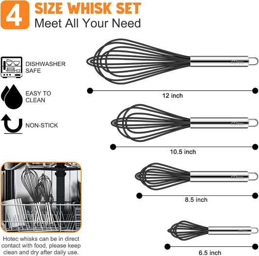 HOTEC 4 Pieces Silicone Whisks Set, Wire Balloon Whisks Egg Beater, Non-slip Handle Whisk for Non-stick Cookware Perfect for Cooking, Stirring, Beating and Blending (Black)