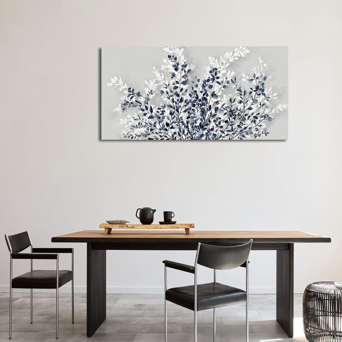 NINEASO Botanical Flowers Wall Art - Indigo Blue and White Floral Canvas Pictures Spring Blooming Painting Gray Background Printing Artwork Living Room Bedroom Home Office Wall Decor 24" x 48"