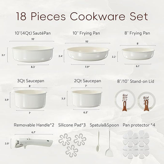 CAROTE 18Pcs Pots and Pans Set Non Stick, Nonstick Ceramic Cookware Set with Detachable Handle, Non Toxic Kitchen Cooking Sets, PFOA Free, Oven Safe, Stackable Induction Ready, Cream White