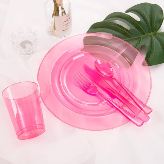 WDF 25 Guest Pink Plates with Pink Plastic Silverware&Pink Cups-Neon Clear Disposable Dinnerware include 50 Plates,25Forks, 25 Knives, 25 Spoons,25 Plastic Cups for Party and Baby Shower