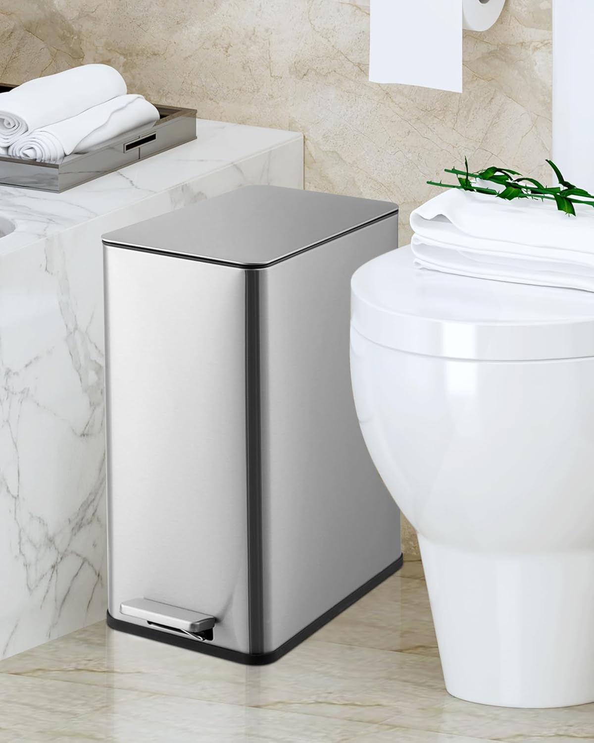 4 Gallon Stainless Steel Trash Can with Soft Close Lid, Step-on Bathroom & Kitchen Garbage Bin, Compact Slim Design with Removable Inner Bucket for Office, Living Room