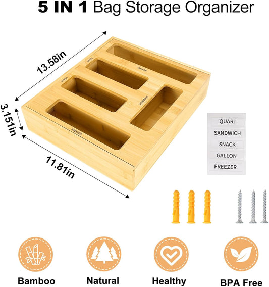 Bag Storage Organizer Compatible with Ziploc Gallon, Quart, Sandwich & Snack Sized Slider Bags,Bamboo Organizer For Drawer(13.7"L*11.8H"*3.1W")