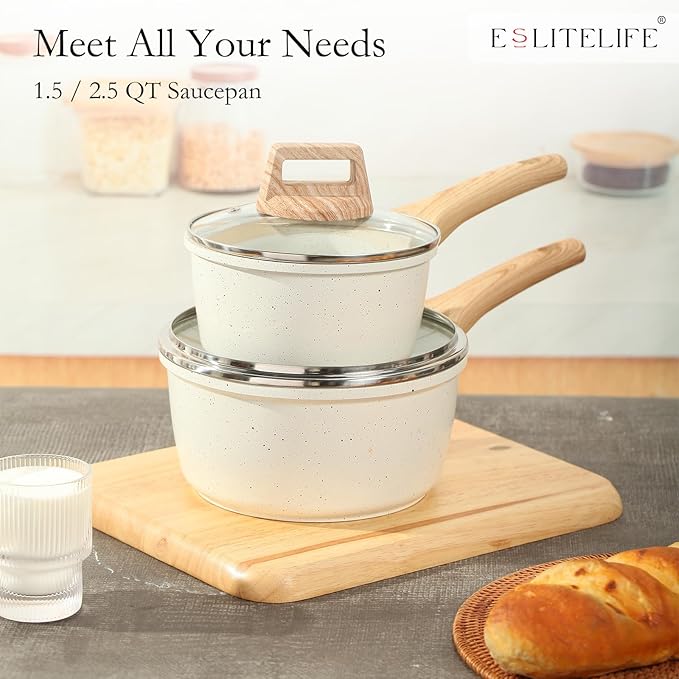 ESLITE LIFE 1.5 QT & 2.5 QT Sauce Pan Set with Lids, Nonstick Small Soup Pot Compatible with All Stovetops (Gas, Electric & Induction), PFOA Free, White