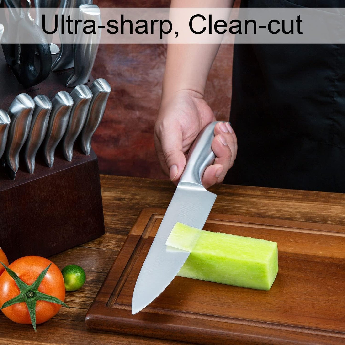 Knife Set, 14 Pieces Kitchen Knife Set with Wood Block, Chef Knife with 6 Pieces Serrated Steak Knives, High Carbon Stainless Steel Knife Sets for Multipurpose Cooking