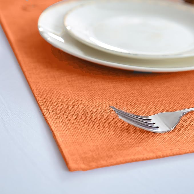 Linen Fabric Placemats Set of 4, Machine Washable, Heat Resistant, Wrinkle Free Thick Polyester Kitchen Place Mats for Dining Table (Orange)